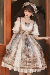 Brown [Cloria] Oil Painting Print Bowknot Lace Sweet Elegant Palace Lolita Jsk Dress - Product - 12