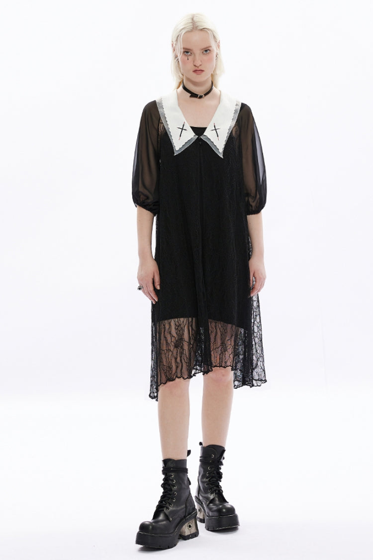 Black Long Puff Sleeves Cross Embroidery Loose Women's Gothic Dress - Product - 2