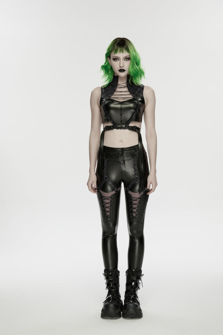 Black Cut-Out Spliced Eyelet Mesh Women's Punk Leggings - Black - 1