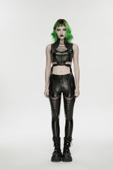 Black Cut-Out Spliced Eyelet Mesh Women's Punk Leggings - Black - 1