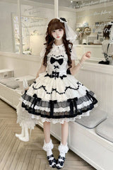 Black/White [Scarlet Heart Cocoa] Sleeveless Triple-Layered Ruffle Embroidery Bowknot Lace Sweet Lolita Jsk Dress - Product - 2
