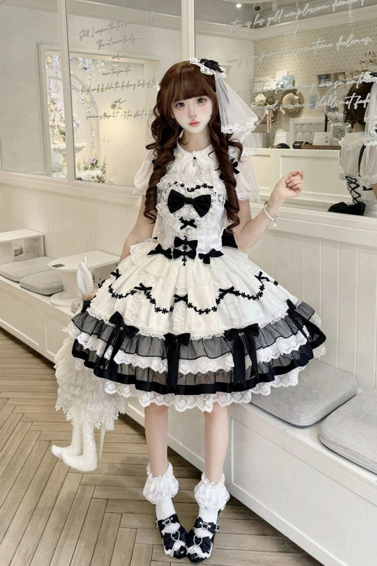 Black/White [Scarlet Heart Cocoa] Sleeveless Triple-Layered Ruffle Embroidery Bowknot Lace Sweet Lolita Jsk Dress - Product - 2