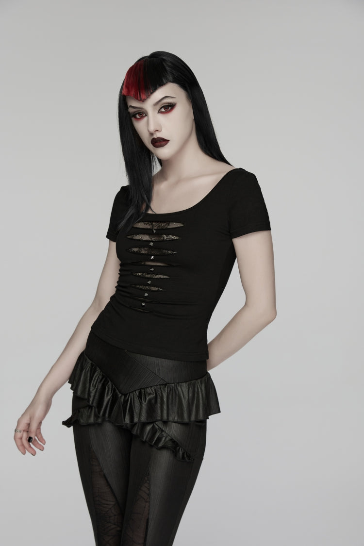 Black Round Collar Short Sleeves Slim Sheer Ripped Studded Women's Punk T-Shirt - Product - 9