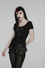 Black Round Collar Short Sleeves Slim Sheer Ripped Studded Women's Punk T-Shirt - Product - 9