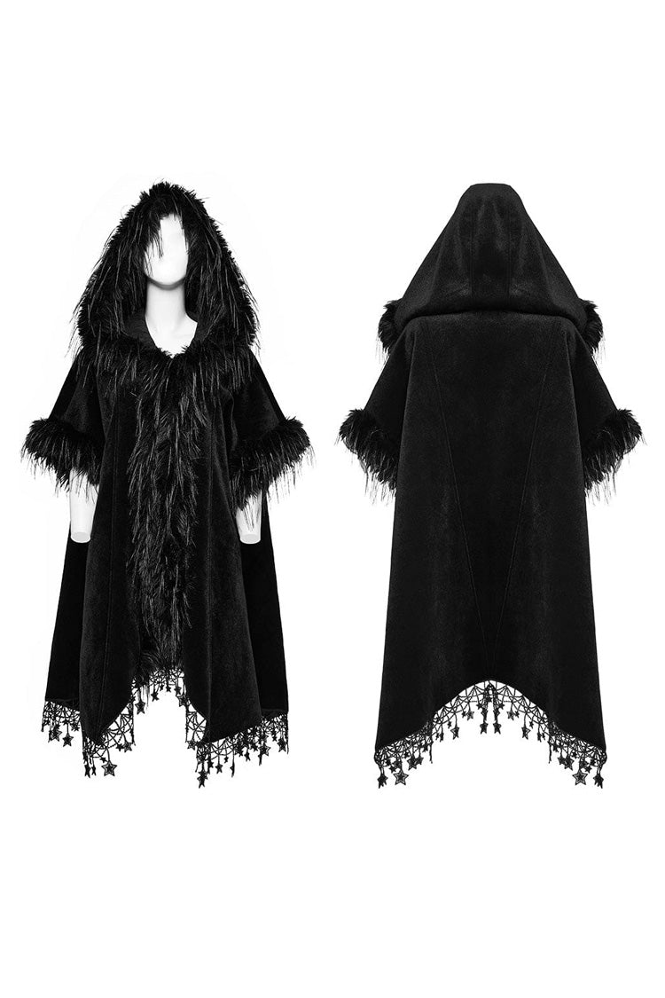Black Bat Sleeves Tassel Faux Fur Stitching Lace Hooded Womens Gothic Elegant Cloak - Product - 5