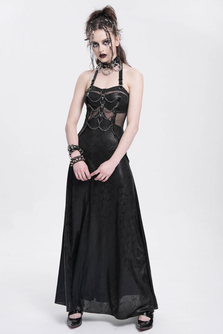 Black Halterneck Stitching Mesh Chained Women's Punk Dress - Product - 9