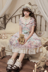 Pink [Brown Dollhouse] Short Sleeves Bear Printed Ruffled Bow Sweet Lolita Dress Set - Product - 4