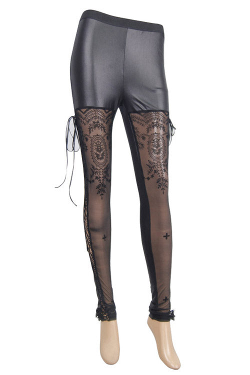 Black Side Hollow Out Lace Up Gothic Positioned Flower Flocking Mesh Legging - Product - 7