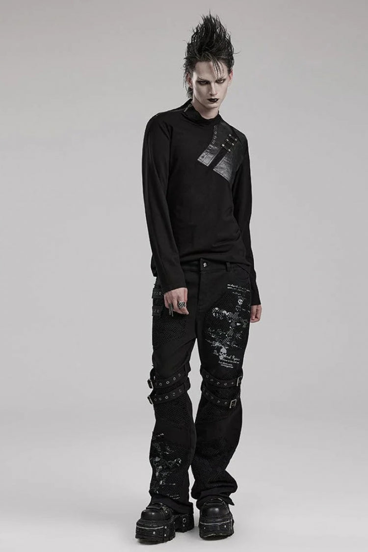 Black Long Sleeves Faux Leather Stitching Mens Steampunk Blouse - Product - 4