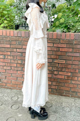 White Stand Collar Off Shoulder Long Sleeves Hollow Bowknot Slim Jirai Kei Japanese Dress - Product - 12