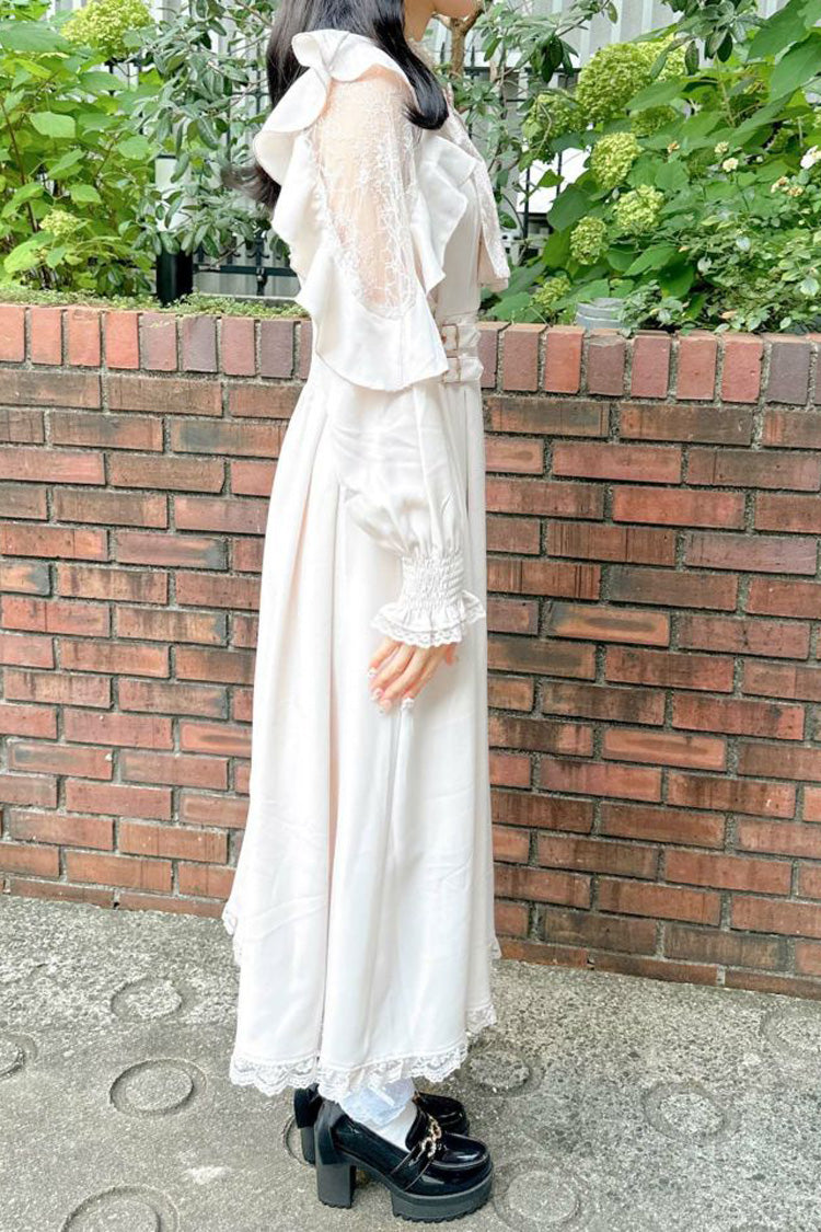 White Stand Collar Off Shoulder Long Sleeves Hollow Bowknot Slim Jirai Kei Japanese Dress - Product - 12