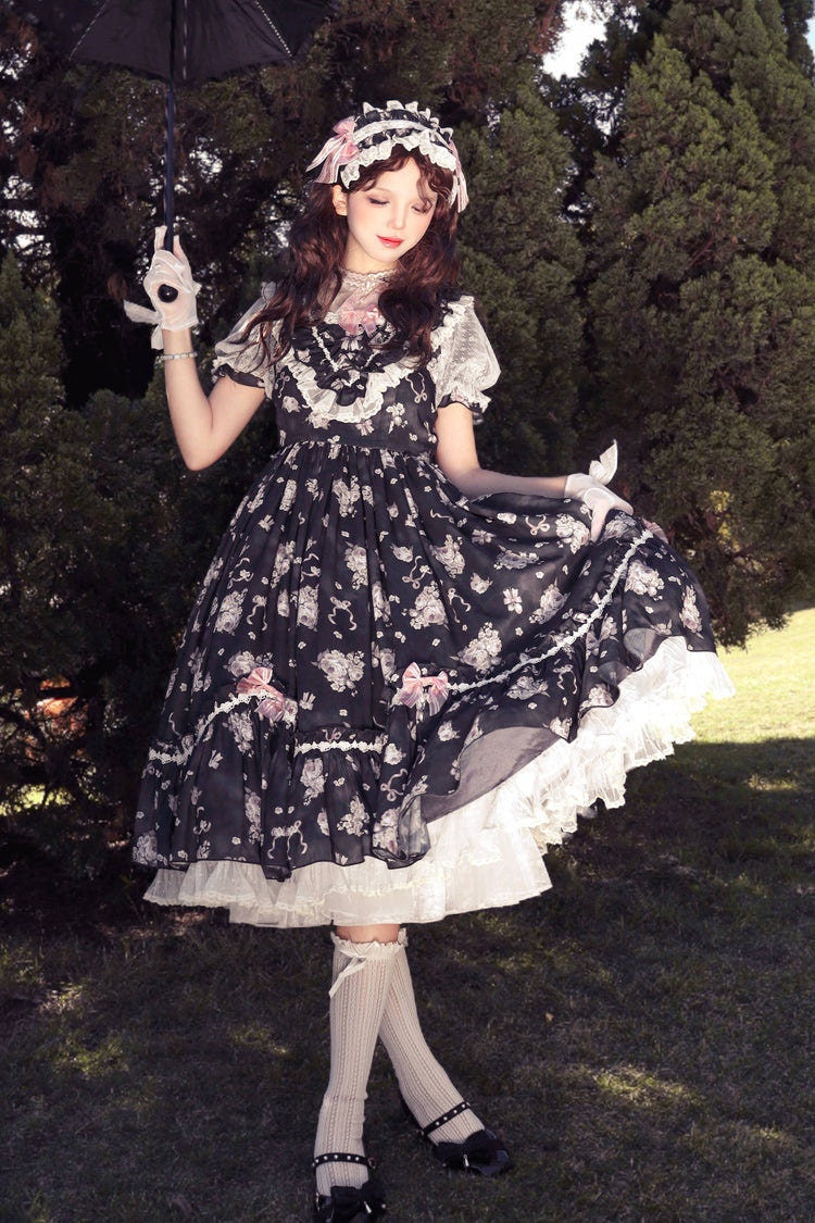 [Daydream Rose] Short Sleeves Floral Jacquard Print Ruffle Embroidery Bowknot Sweet Lolita Dress 3 Colors - Product - 23