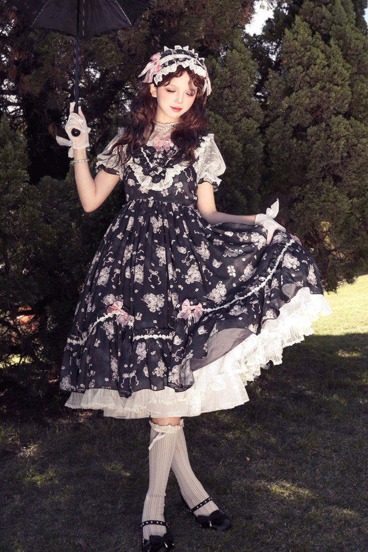 [Daydream Rose] Short Sleeves Floral Jacquard Print Ruffle Embroidery Bowknot Sweet Lolita Dress 3 Colors - Product - 23