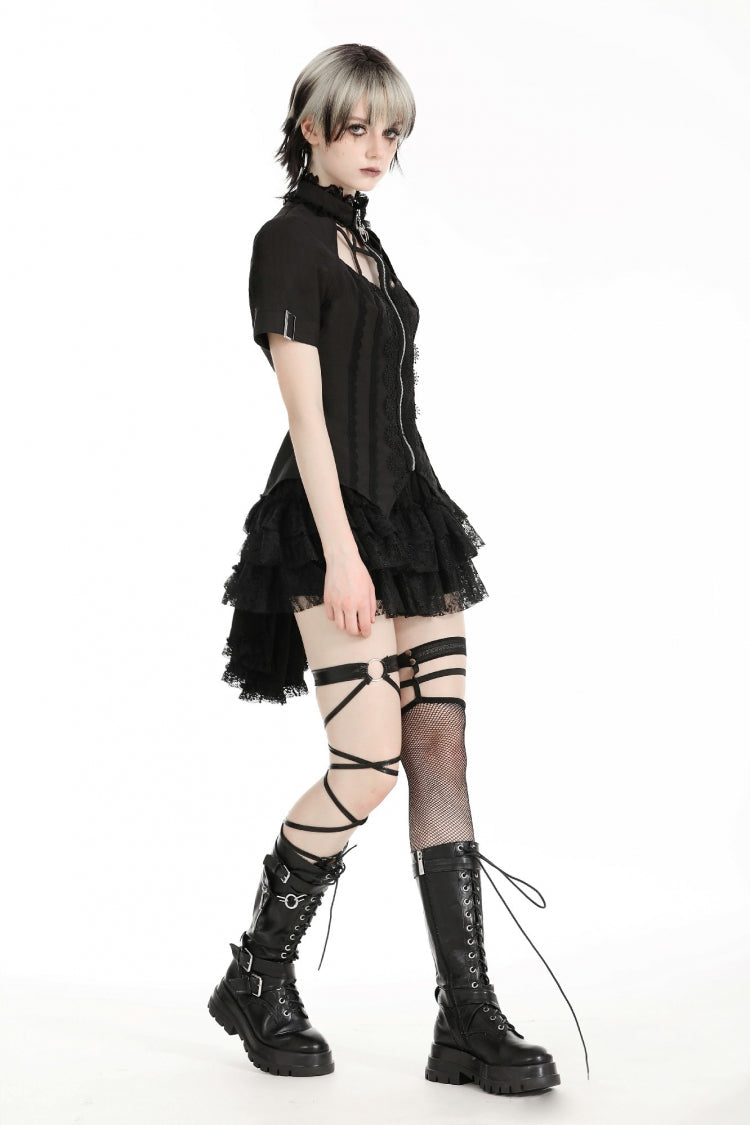 Black Stand Collar Short Sleeves Spider-Shaped Zippered Cut-Out Irregular Women's Punk Blouse - Product - 10
