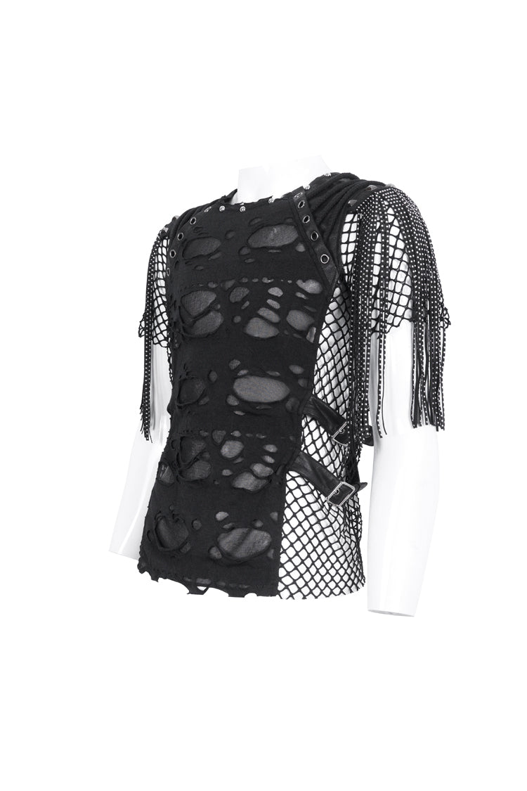 Black Round Collar Mesh Stitching Men's Punk T-Shirt - Product - 6
