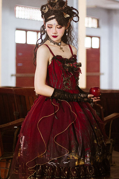 Red Decaying Forest Round Collar Bowknot Ruffled Classic Lolita JSK Dress - Product - 5