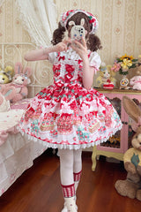 Red [Strawberry Cocoa Jam] Sleeveless Print Ruffle Bowknot Lace Sweet Lolita Jsk Dress - Product - 2