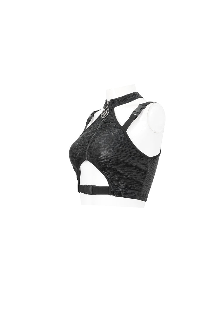 Black Slim Knit Mechanic Computer Moire Adjustable Women's Punk Halter Vest - Product - 7