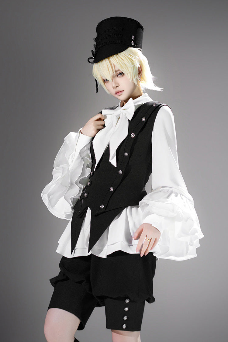 Black [Ash] Lapel Collar Long Sleeves Ruffled Bow Classic Vintage Elegant Prince Ouji Lolita Blouse Shorts Vest Set - Product - 7