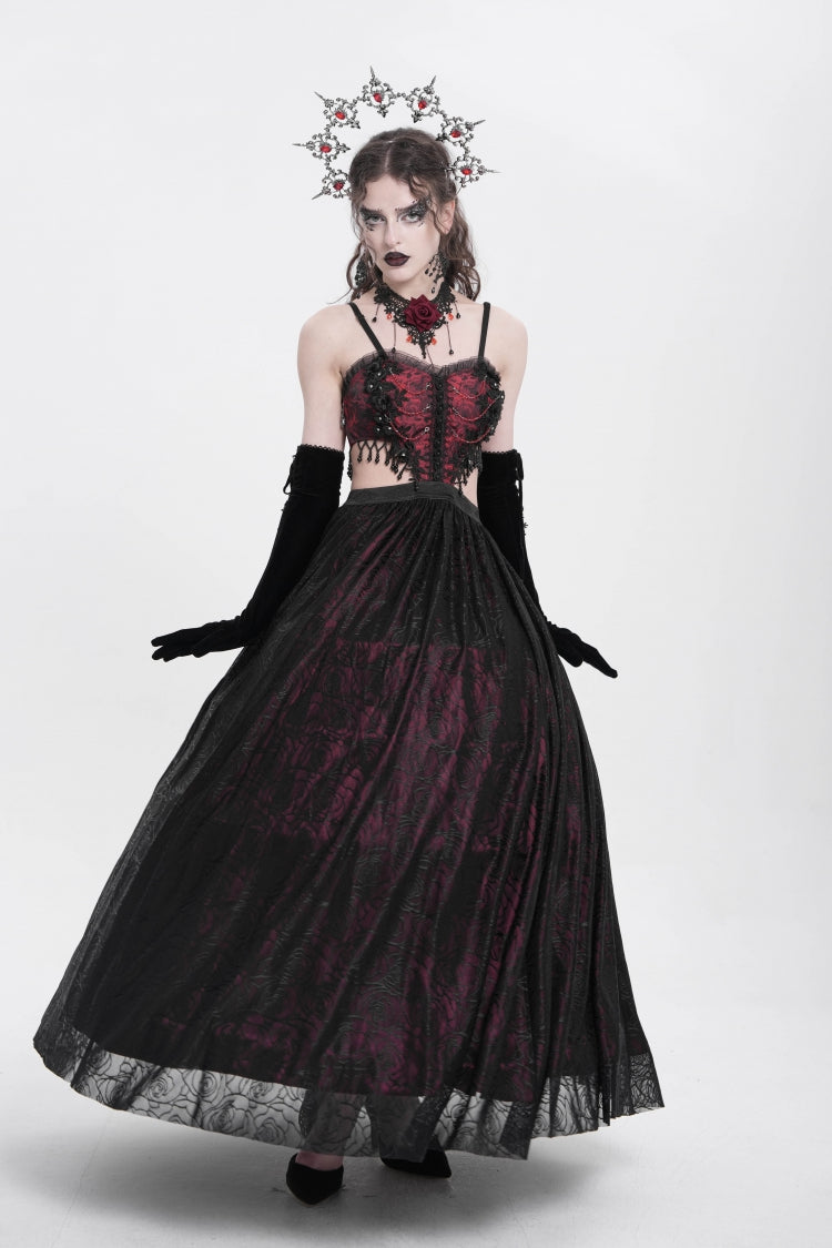Red Jacquard Floral Embroidery Lace Ripped Women's Gothic Party Slip Dress - Product - 4