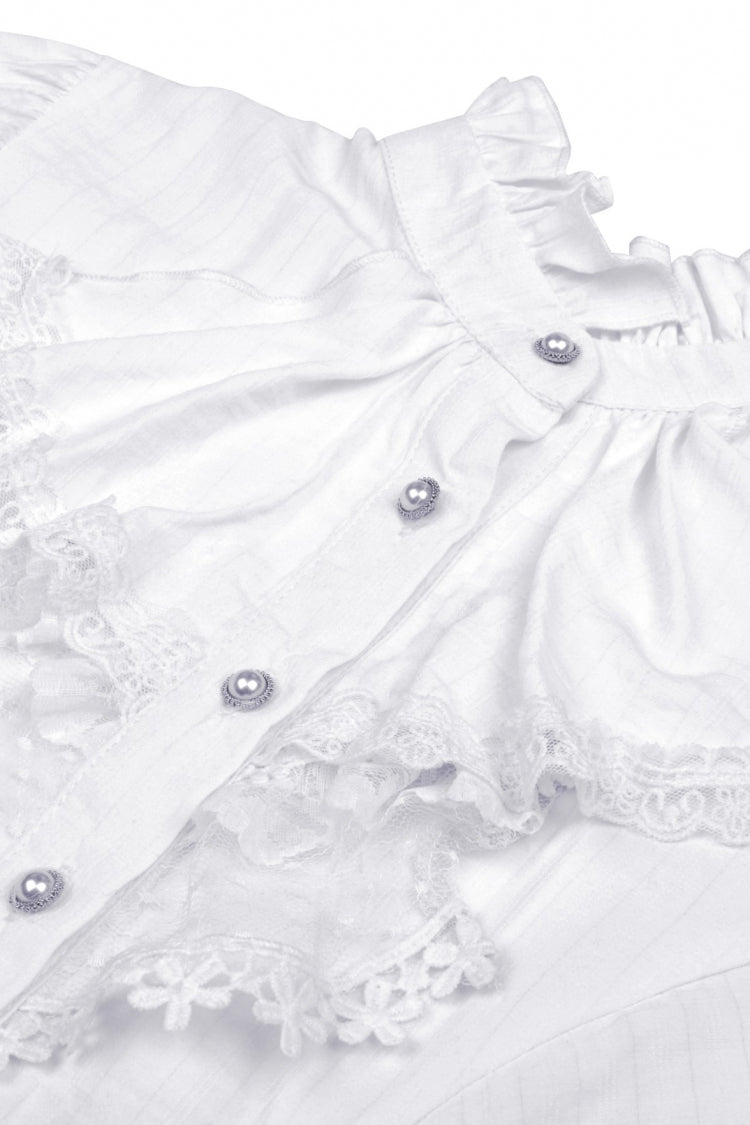 White Short Puff Sleeves Ruffled Neckline Lace Lace-Up Women's Gothic Blouse - Product - 12