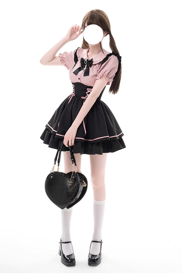 Black/Pink First Sakura Short Sleeves Multi-layer Lace-Up Sweet Jirai Kei Japanese Set - Product - 2
