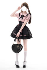 Black/Pink First Sakura Short Sleeves Multi-layer Lace-Up Sweet Jirai Kei Japanese Set - Product - 2