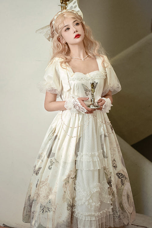 Vintage Elegant Lace Square Collar Bubble Short Sleeves Time Butterfly Print High Waisted Sweet Lolita Dress - White - 3