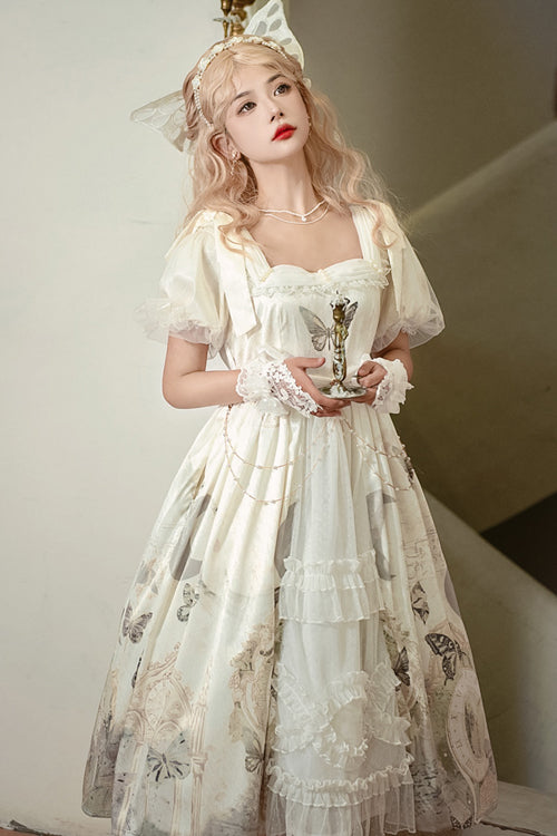 Vintage Elegant Lace Square Collar Bubble Short Sleeves Time Butterfly Print High Waisted Sweet Lolita Dress - White - 3
