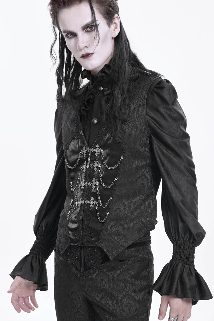Black Sleeveless Jacquard Chain Buckle-up Men's Gothic Vest - Product - 10