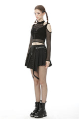 Black Off Shoulder Long Sleeves Lace-Up Chest Straps Sheer Mesh Women's Punk Top - Product - 10