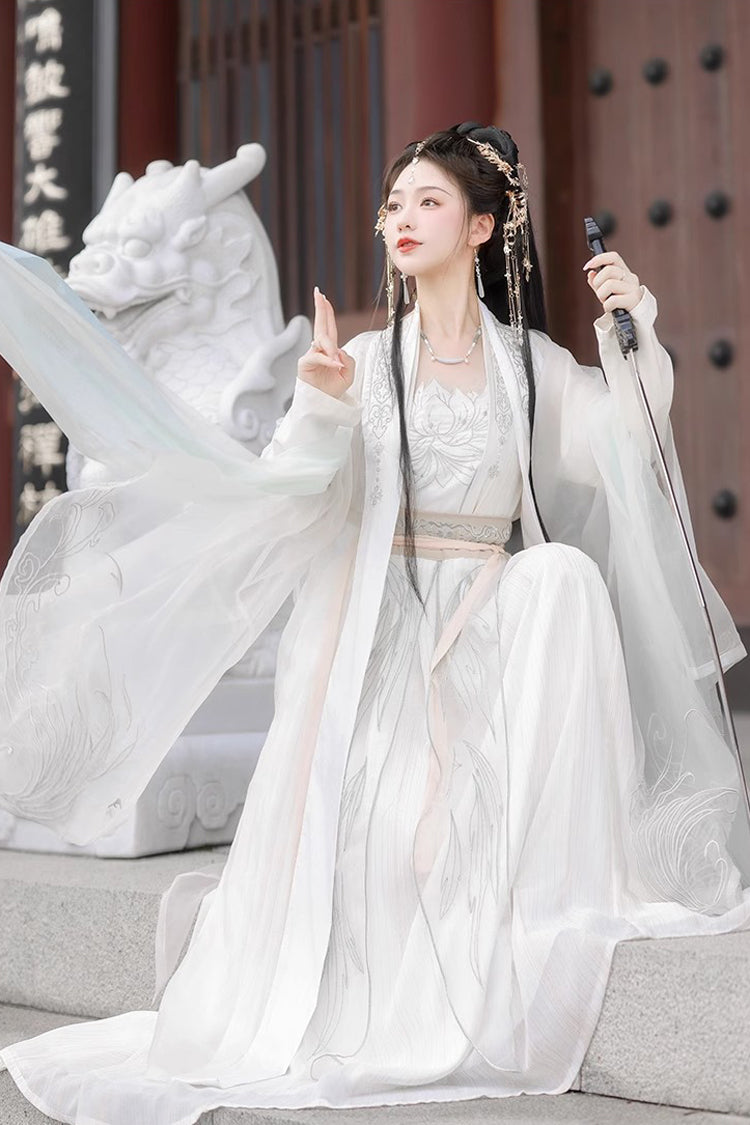White Long Sleeves High Waisted Jacquard Print Embroidery Women's Sweet Hanfu Dress Full Set - Product - 3
