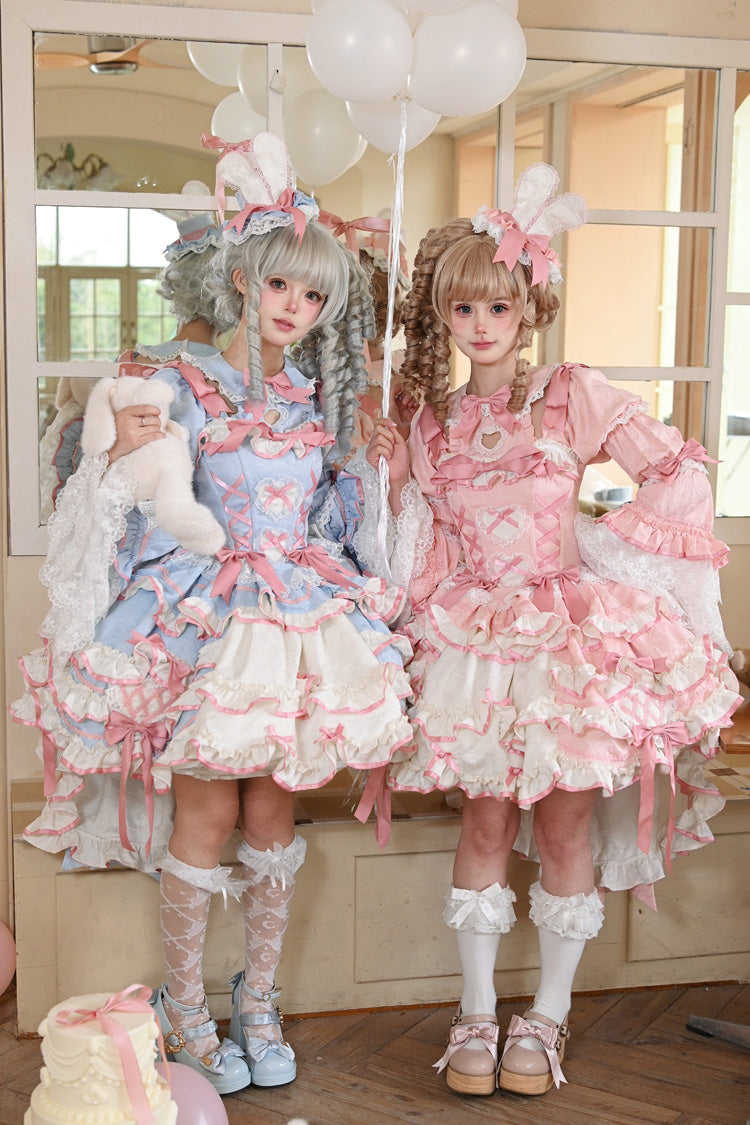 [Bunny Hime] Doll Collar Short Sleeves Multi-Layered Ruffled Bow Sweet Lolita Dress 2 Colors (Blue, Pink) - Pink - 1
