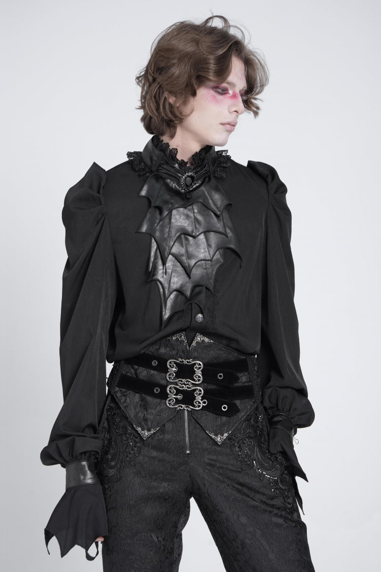Black Stand Collar Long Puff Sleeves Men's Gothic Batlike Blouse - Black - 1