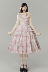 Pink [Sacred Heart Lily] Round Collar Sleeveless Multi-Layered Printed Ruffled Embroidered Sweet Chinese Inspired Lolita Jumper Dress - Product - 9