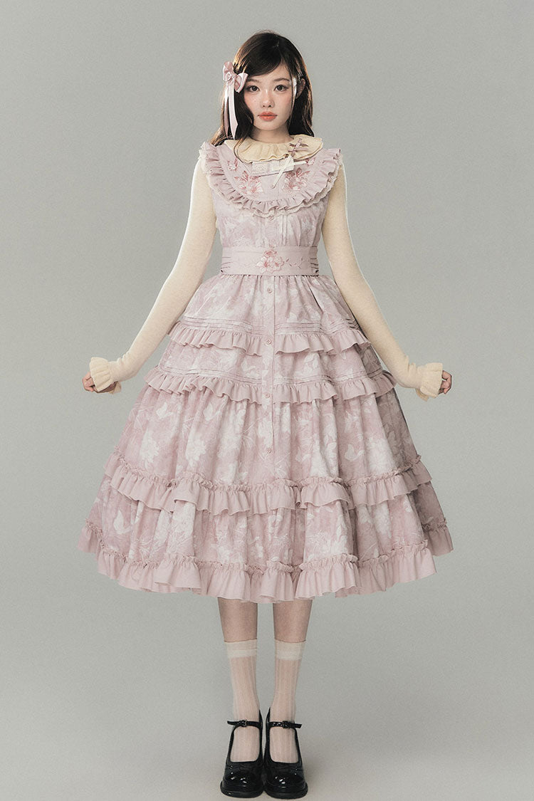 Pink [Sacred Heart Lily] Round Collar Sleeveless Multi-Layered Printed Ruffled Embroidered Sweet Chinese Inspired Lolita Jumper Dress - Product - 9