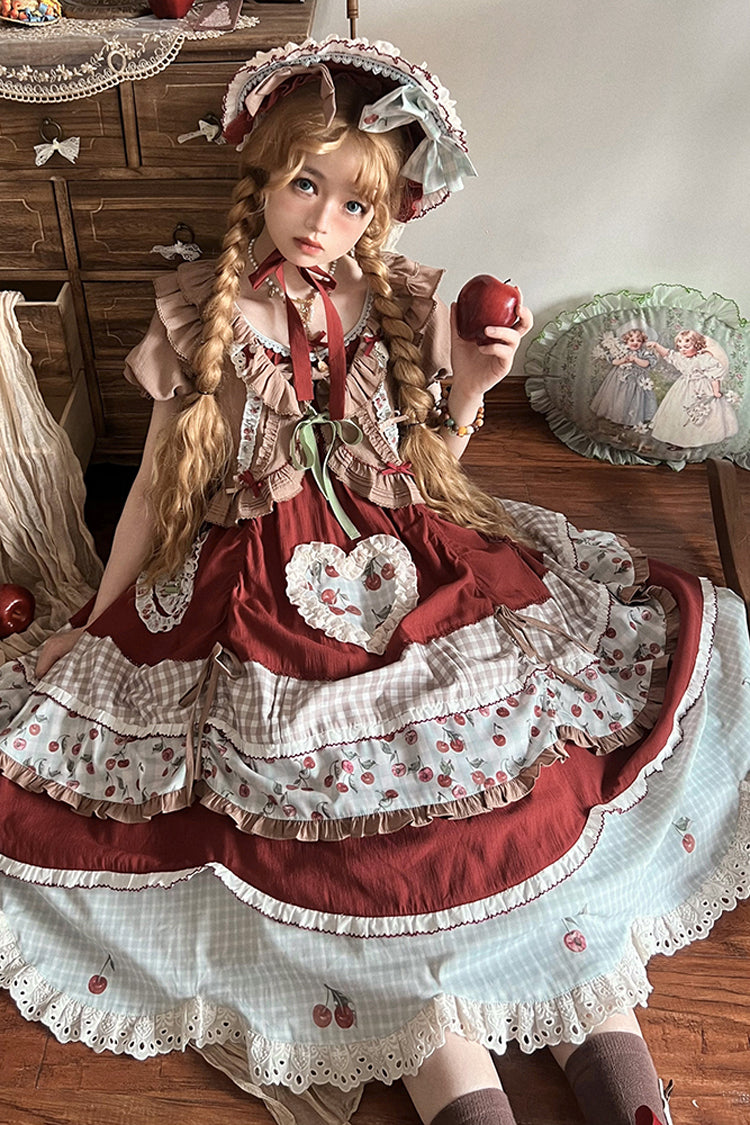 Multi-Color Cherry Print Short Sleeves Multi-Layered Ruffle Embroidery Sweet (Dress Only) detail view 2