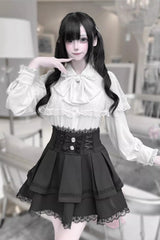 [Dark Moon Shadow] Long Sleeves Double-Layered Ruffled Embroidered Bow Lace-Up Gothic Jirai Kei Lolita Top + Skirt Set - Product - 9