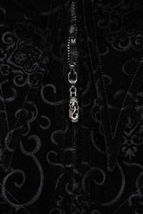 Black Stand Collar Jacquard Print Waist Cord Decoration Mens Gothic Mid Length Coat - Product - 6