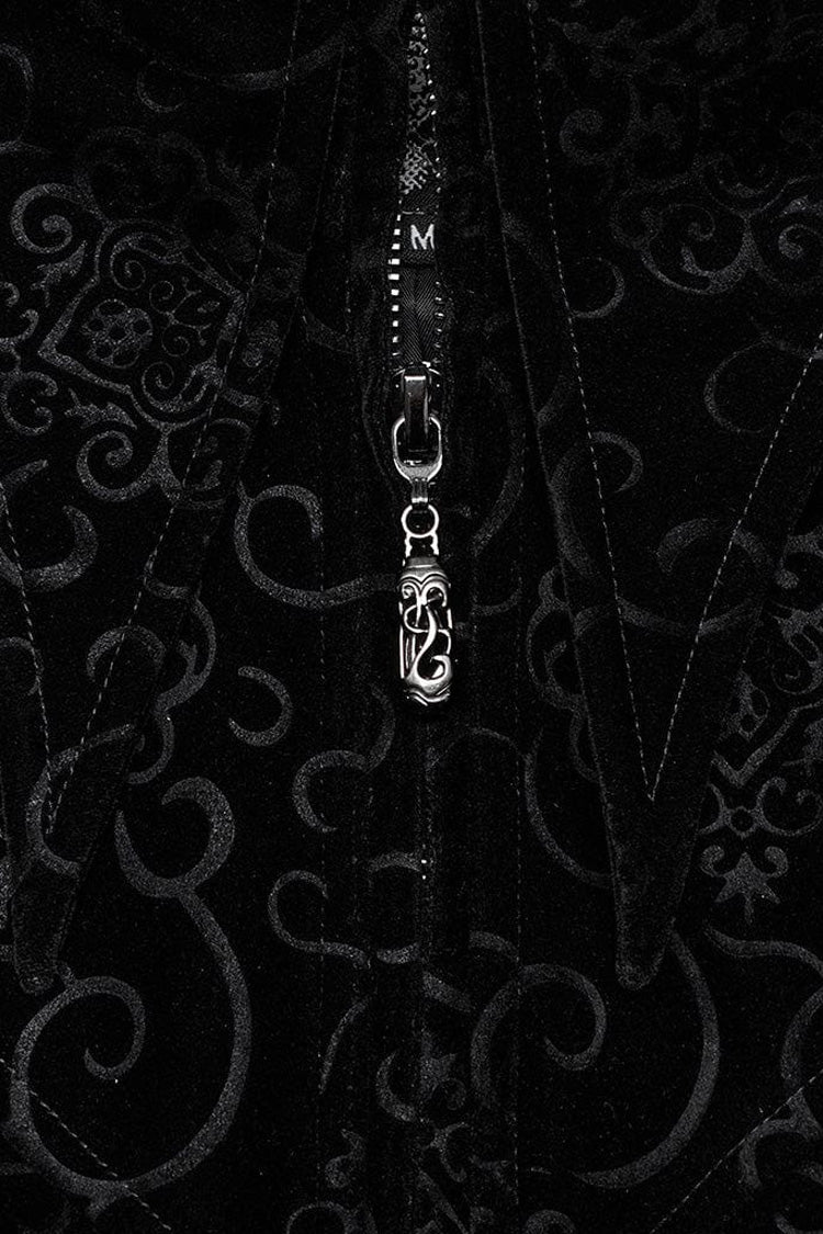 Black Stand Collar Jacquard Print Waist Cord Decoration Mens Gothic Mid Length Coat - Product - 6