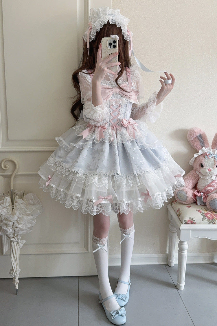 Blue [Fleishi Island] Sleeveless Ruffle Bowknot Lace Slim Sweet Ballet Lolita Jsk Dress - Product - 10