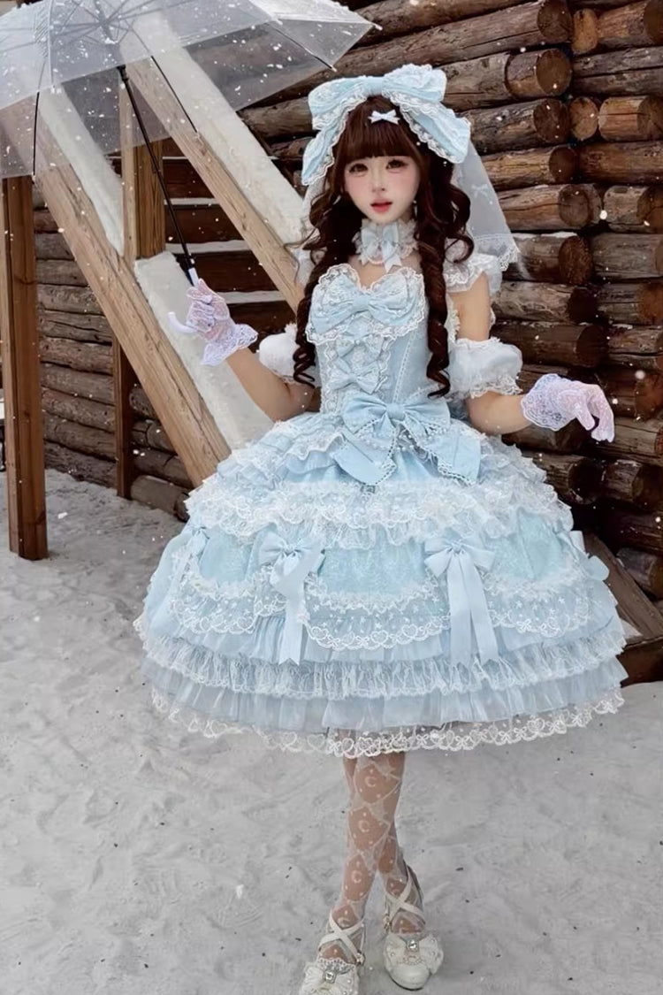 Blue [Dream of the Misty Moon] Sleeveless Multi-Layered Ruffled Bow Lace Pearl-Decorated Sweet Princess Lolita Jsk Dress - Product - 4