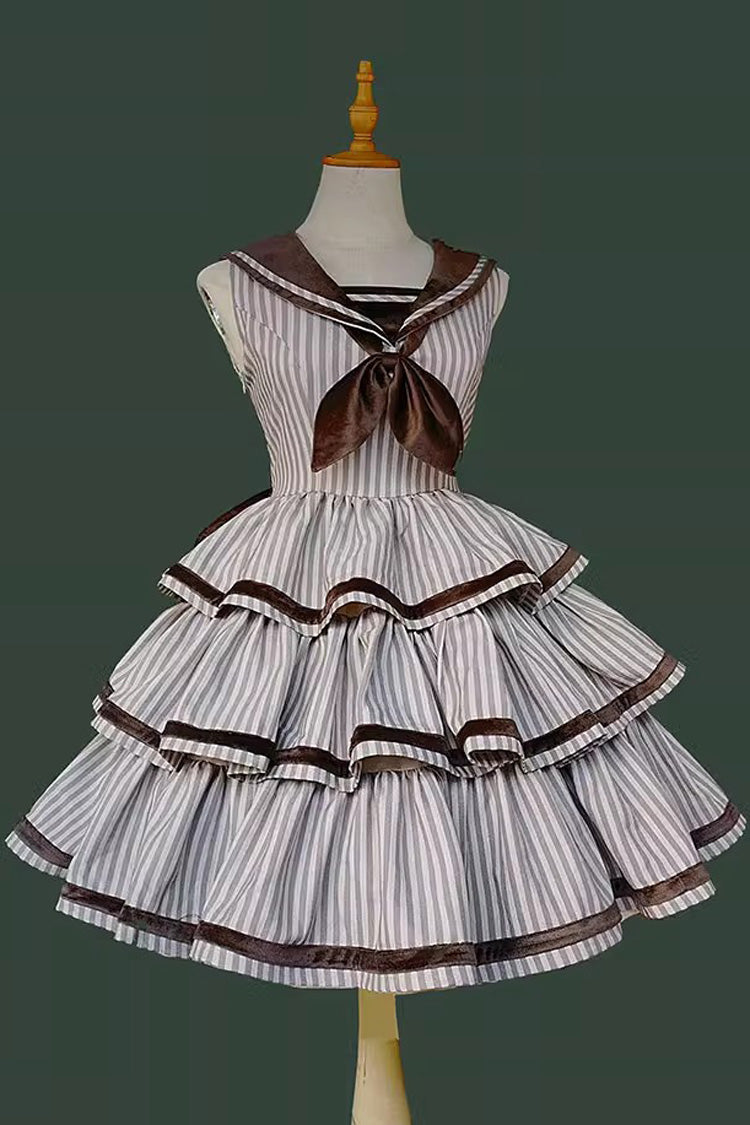 [From the Other Side] Sleeveless Triple-Layered Vertical Stripes Print Print Ruffle Bowknot Sweet College Style Lolita Jsk Dress - Product - 6