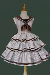 [From the Other Side] Sleeveless Triple-Layered Vertical Stripes Print Print Ruffle Bowknot Sweet College Style Lolita Jsk Dress - Product - 6
