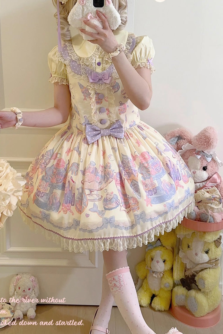 Cream Soda Mermaid Print Light Yellow Bowknot Lace Sweet Lolita Strap Dress - Product - 2