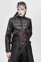 Black/Red Stand Collar Zipper Straps Eyelet Men's Punk Coat - Product - 8
