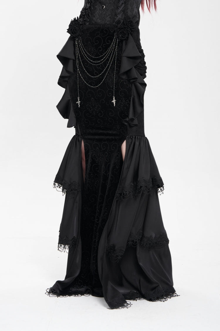 Black Floral Print Lace-Up Rose Chain Women's Gothic Fishtail Skirt - Product - 7