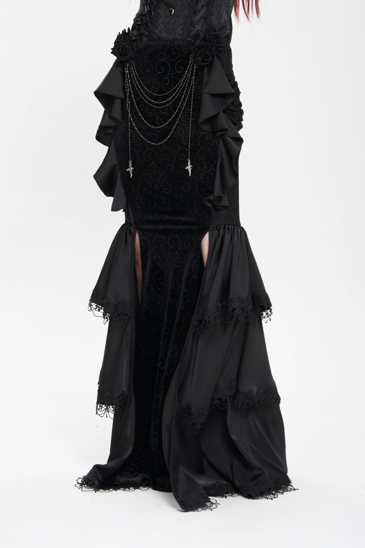 Black Floral Print Lace-Up Rose Chain Women's Gothic Fishtail Skirt - Product - 7