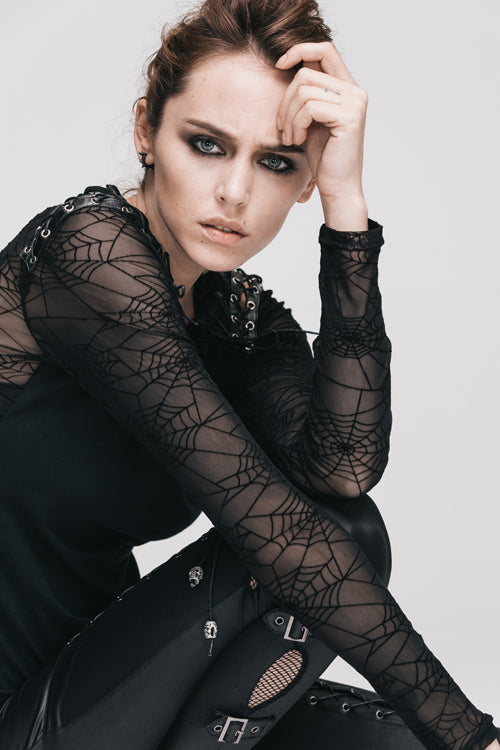 Black Sexy Transparent Spiderweb Back Mesh Long Sleeves Punk Women T-Shirt - Product - 3