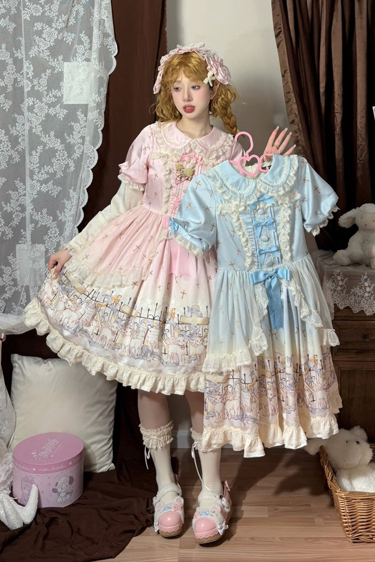 Blue [Angel Lamb] Lapel Collar Short Sleeves Printed Ruffled Bow Sweet Lolita Dress - Product - 9